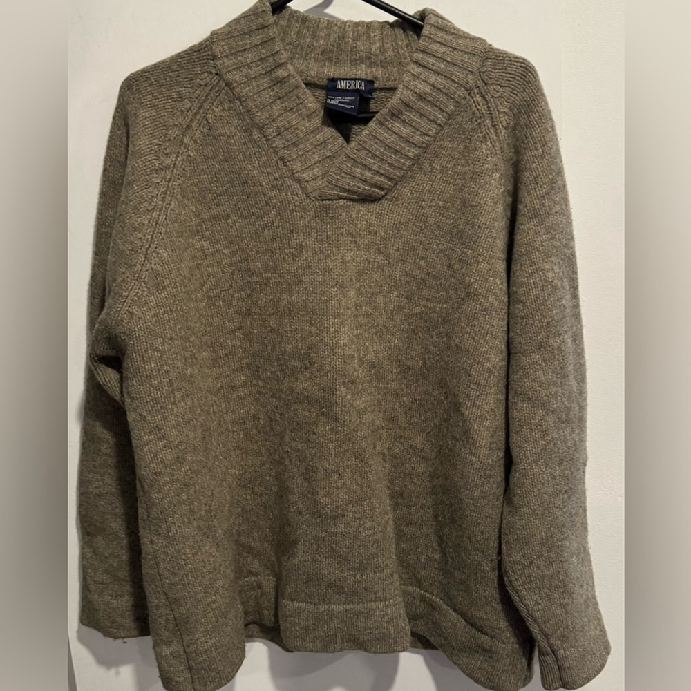 America 100% Lambs Wool v neck men unisex khaki green tan USXL comfy office warm